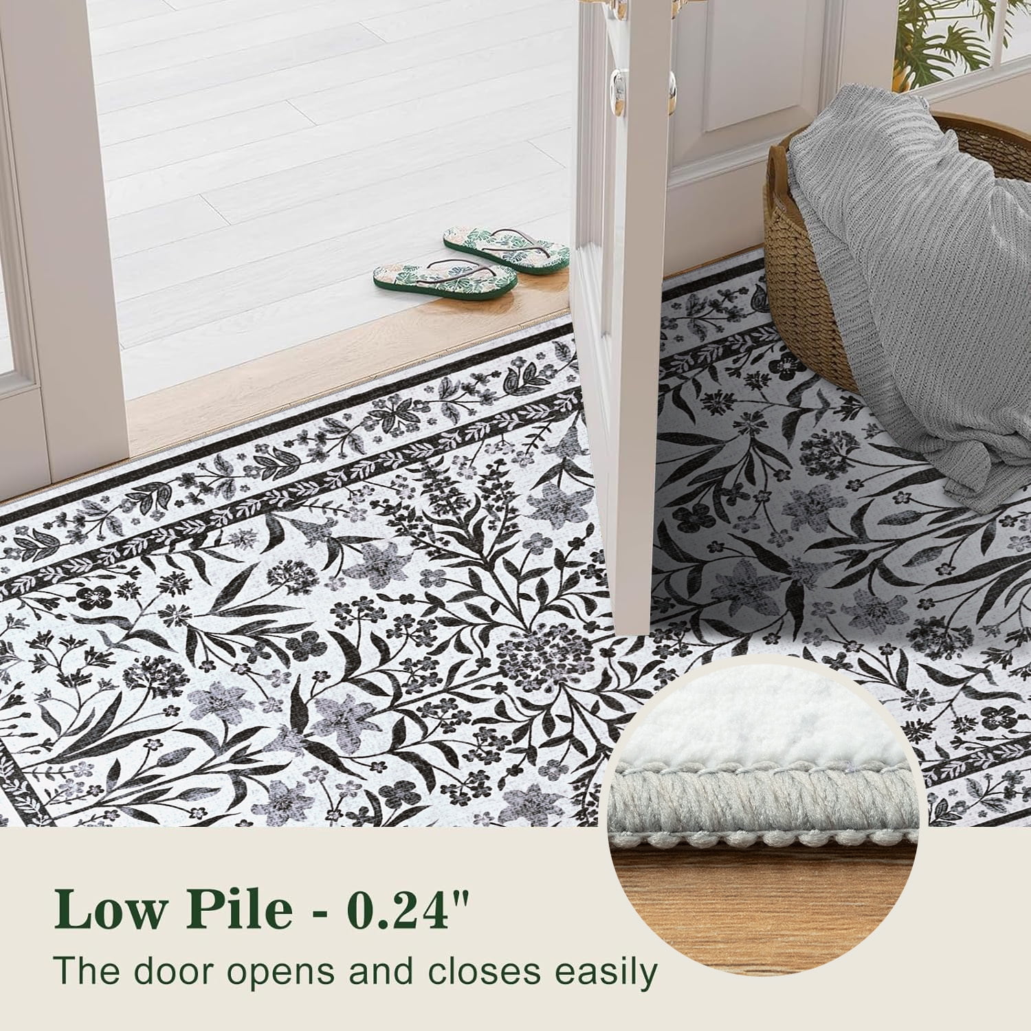 Astorug 6x9 Ft Black Floral Area Rug - Machine Washable Low Pile Non-Slip Carpet, Boho Vintage Farmhouse Decor for Living Room, Bedroom, Nursery & Office