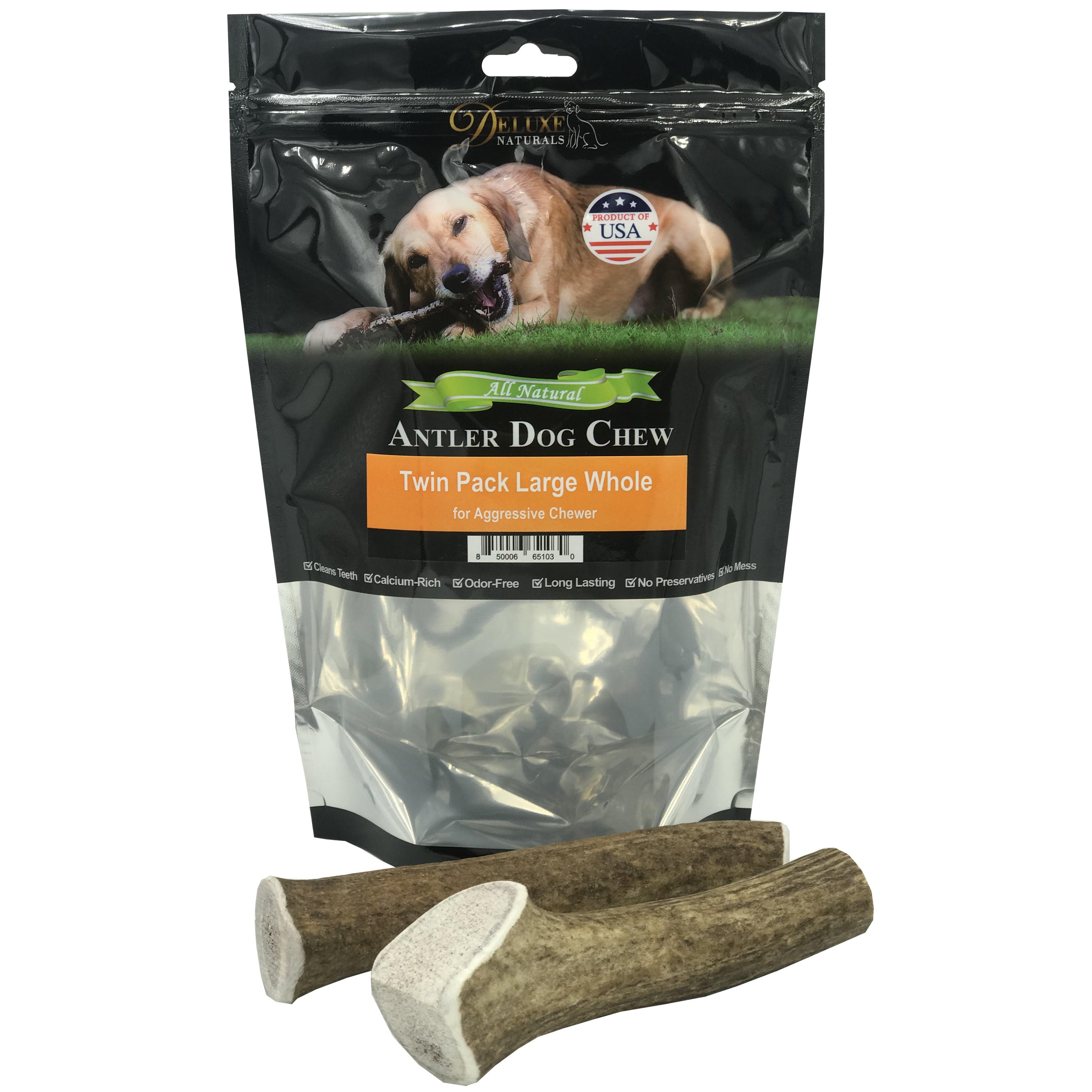 Deluxe Naturals Elk Antler Dog Chew Twin Pack, Large Whole Antlers