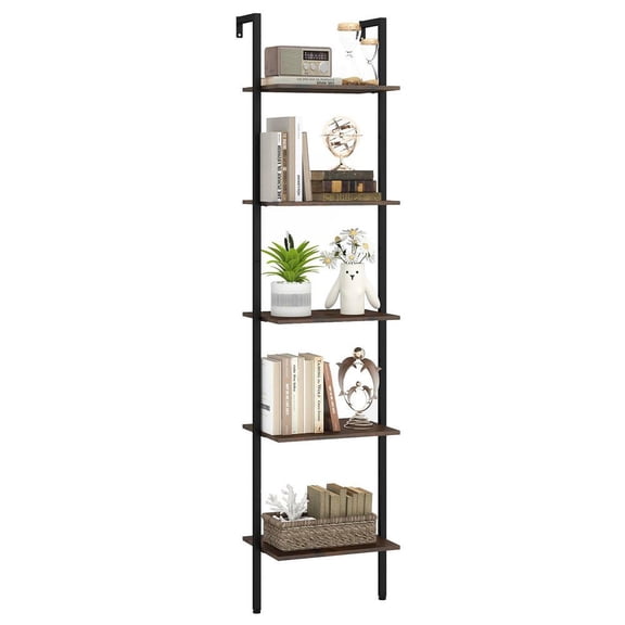 Resenkos 5-Tier Wall-Mounted Ladder Shelf - Anti-Tipping Kits, Home Office Use, Rustic Brown & Black