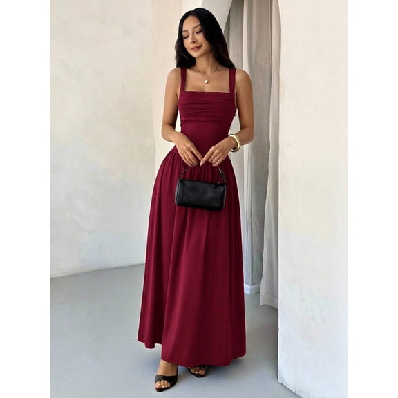 Petite Womens Burgundy Solid Square Neck Ruched Flared Maxi Dress For Spring Summer