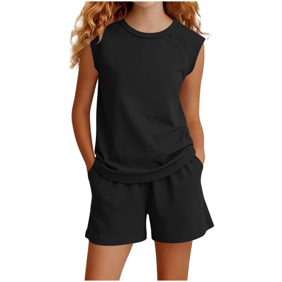CYRBOKO Girls Summer Outfit Sets, Elastic Waist Two Pieces Sleeveless Casual Kids Tank Tops Sets Black Size 14 T
