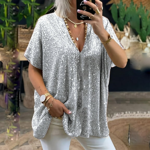 Yijfswar Plus Size Sequin Tops for Women V Neck Short Sleeve Party Shirts Summer Wedding Blouse Loose Elegant Dressy Blouses