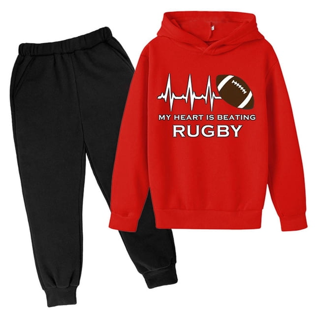WEIYLL Ensembles Garçons Tenues à Capuche Football Lettres Imprimées Pantalons Deux Pièces Tendance Football Sports Cadeau Complets Rouges 7-8 Ans