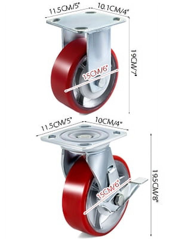VEVOR 4 Pack Swivel Caster Polyurethane 6" x 2" on Steel Wheel Brake (2) Rigid (2)