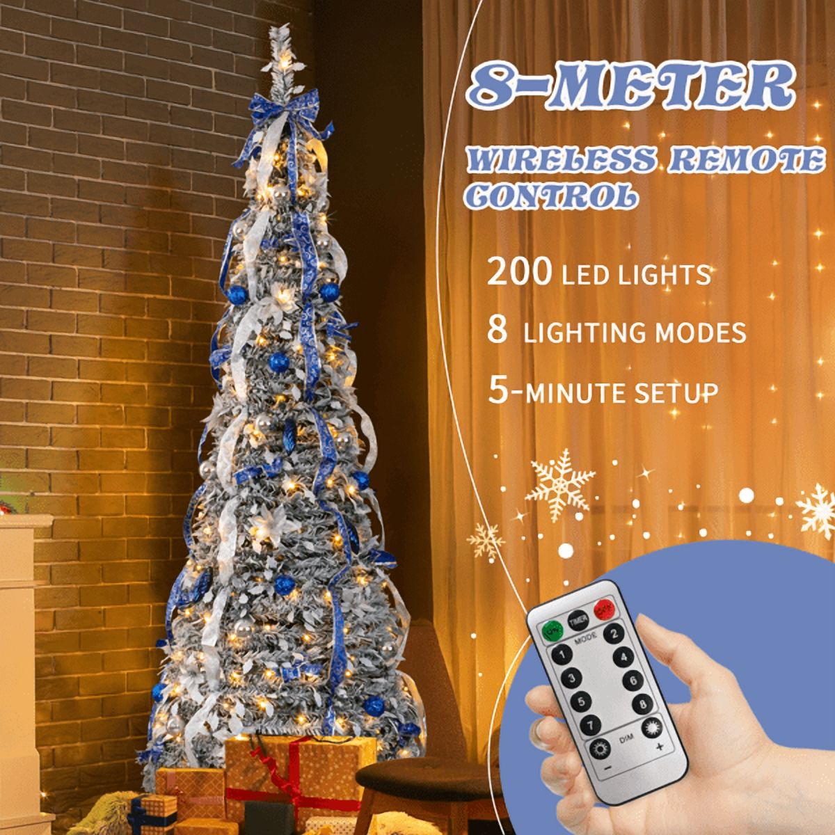 Alvantor 7 ft Fully Decorated Snow-Flocked Pre-Lit Pop-Up Christmas Tree with 200 Warm White LEDs, Remote Control, Blue and Silver Ornaments