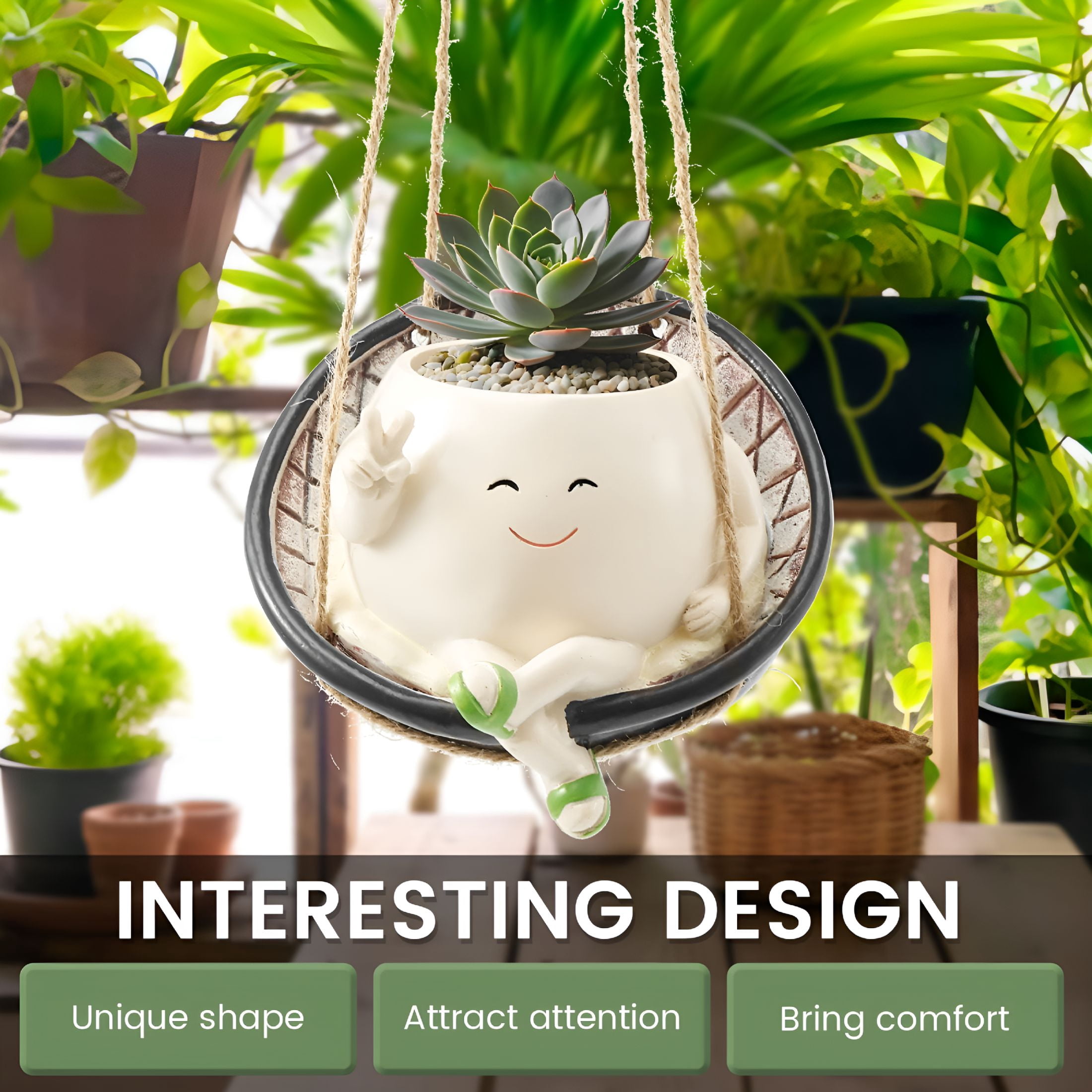 ACDANC Swing Planter Pot Smile Face Swing Flowers Pot Cute Hanging Swing Planter Resin Swing Plant Pot for Indoor Outdoor Resin Hanging Planter Pots for Succulents Pearls 14.3 × 13.5 × 10.8cm