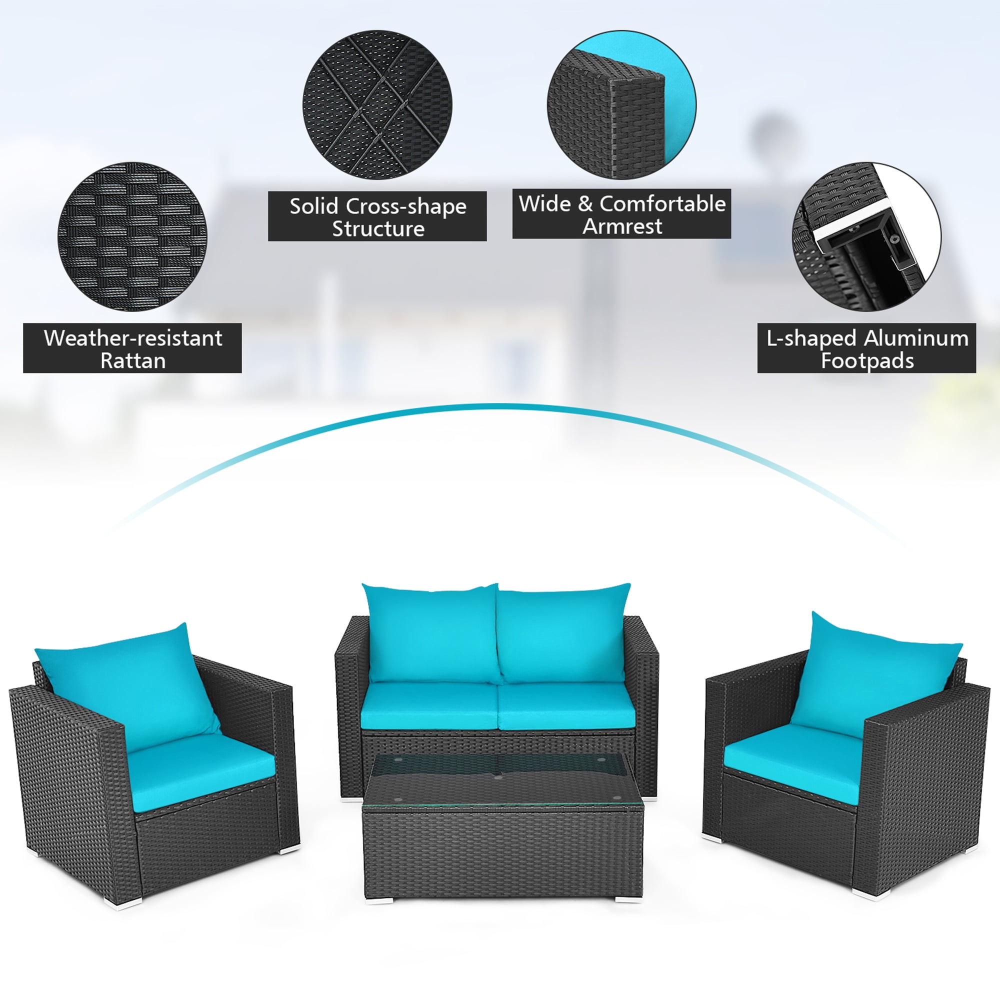 Gymax Fashion 4PC Rattan Patio Furniture Set Outdoor Wicker With Turquoise Cushion