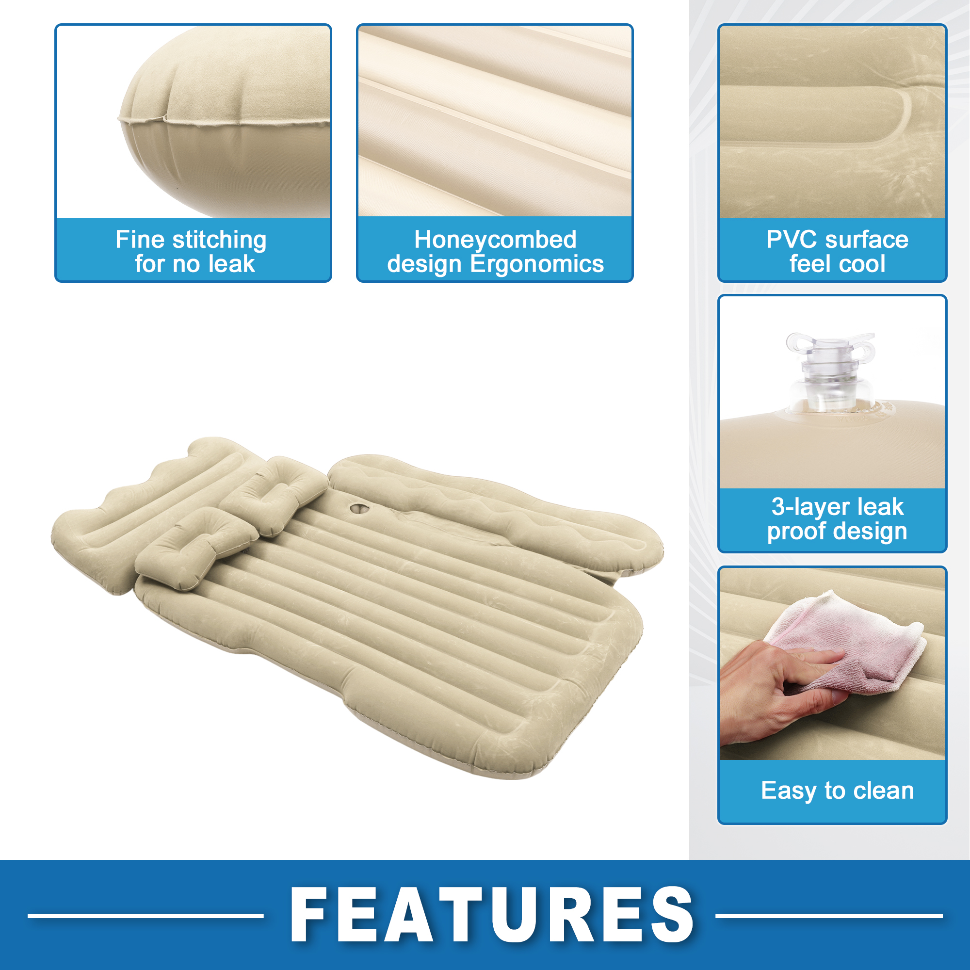 Car Air Mattress Sleeping Mat 50.39"x30.31"x5.91" Back Seat Bed Air Mattress Bed with Pillows Beige