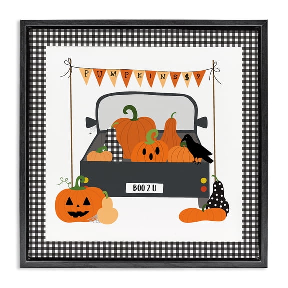 Stupell Industries Pumpkin Truck with Gingham Border Holiday Painting Black Floater Framed Canvas Art Print Wall Art, 18 x 18
