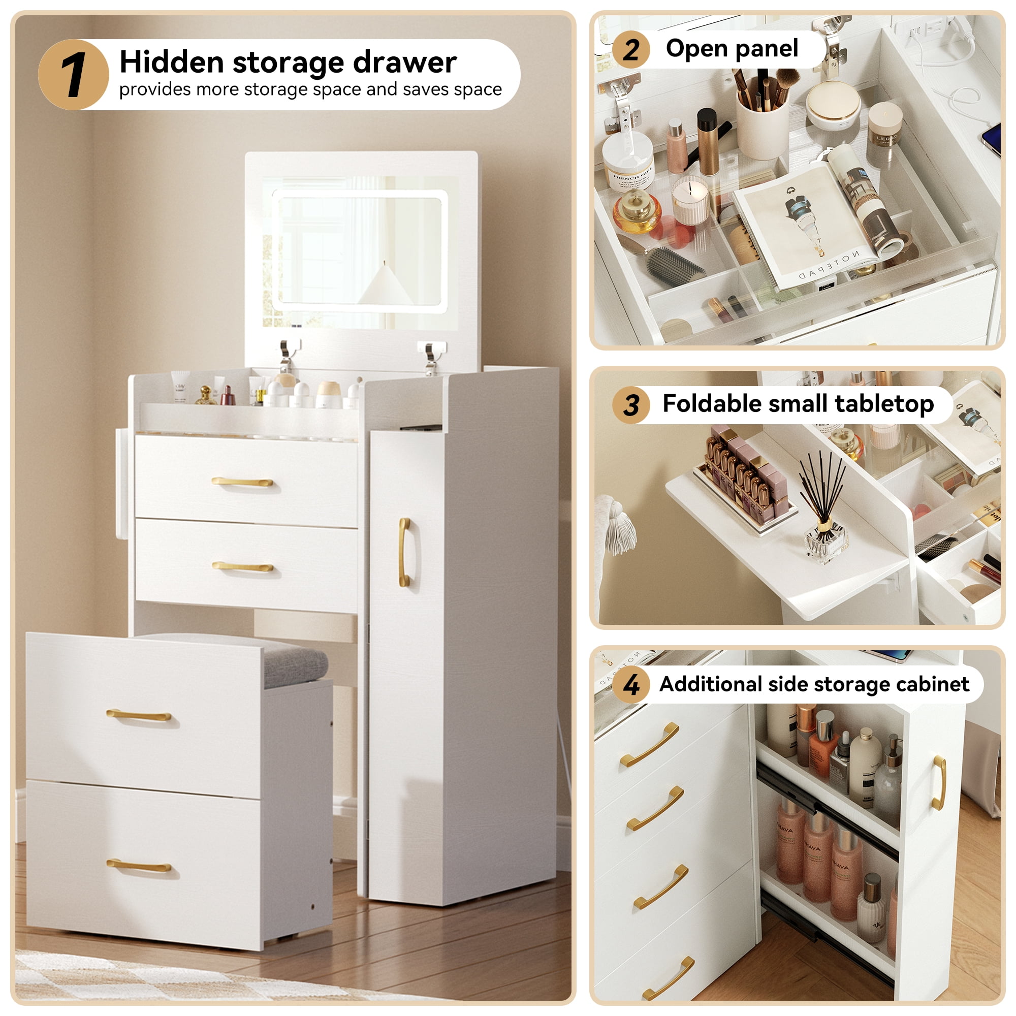 3 in 1 Vanity Desk with Plip Top Mirror and 3 Color LED Lighted, Small Vanity Desk with Power Outlet, Compact Makeup Vanity with 3 Drawers & Cabinet, Storage Stool,for Bedroom