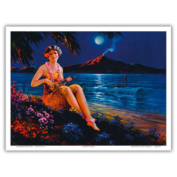 Girl Under a Hawaiian Full Moon Playing a ʻUkulele - Vintage Pin Up Girl Print c.1930s - Master Art Print (Unframed) 9in x 12in