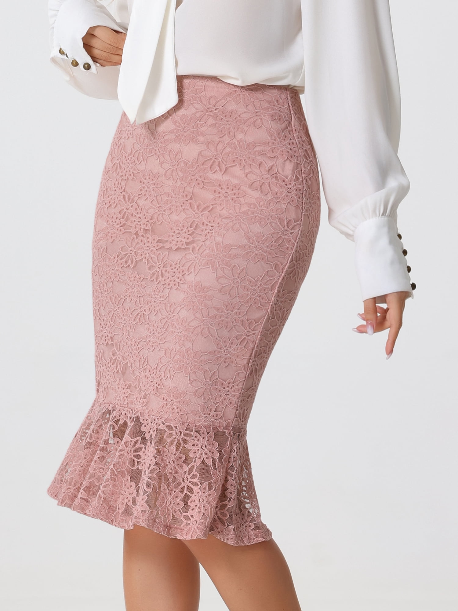 DARING DIVA Women's Lace Knee Length Bodycon Fishtail Skirt S Pink
