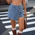 thumbnail image 6 of Women Casual High Waisted Solid Button Up Asymmetrical Denim Jean Skort Skirt Mini Shorts Light Blue S, 6 of 9