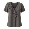 thumbnail image 6 of Xdegoge Cotton Linen Tops for Women Ruffle V Neck Short Sleeve Casual Summer T Shirts Loose Fit Elegant Dressy Work Basic Flowy Tunic Vacation Tees, 6 of 6