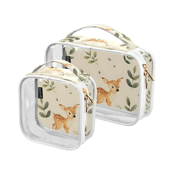 Baby Deer and Green Leaves Clear Cosmetic Bags with Handles PVC Toiletry Bags Zipper Waterproof Portable for Traveling 2 Pcs