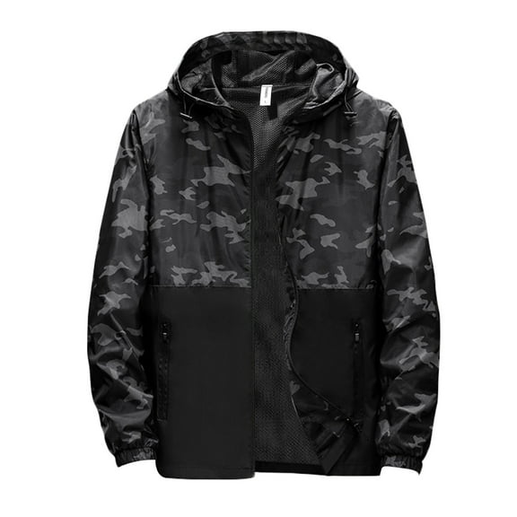WUWUQF Men's Windbreaker Jacket, Hooded Jacket Outdoor Thin Camouflage Printed Windproof Coat