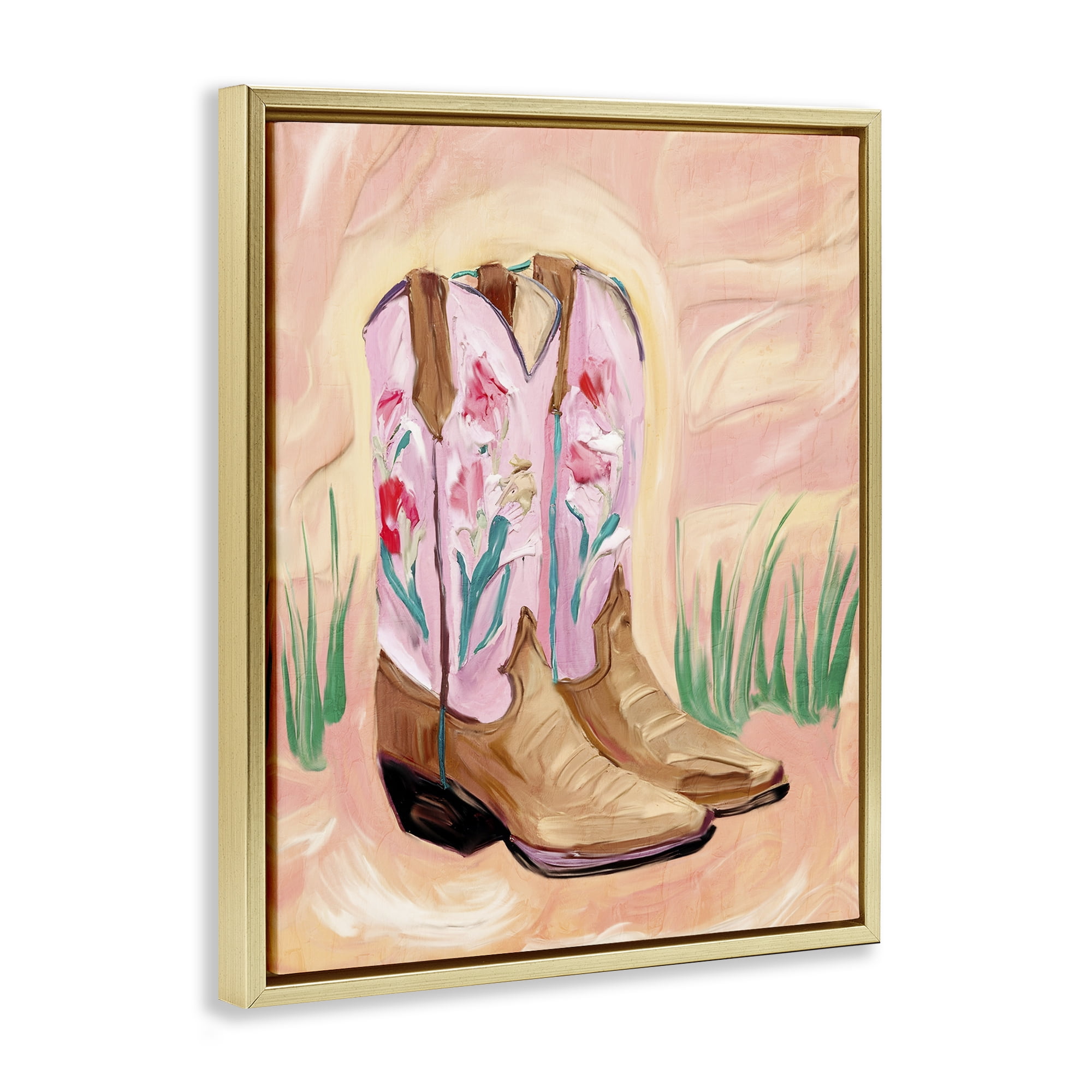 Floral Pinks Boots Gold Framed Floater Canvas Wall Art, design by Kim Allen