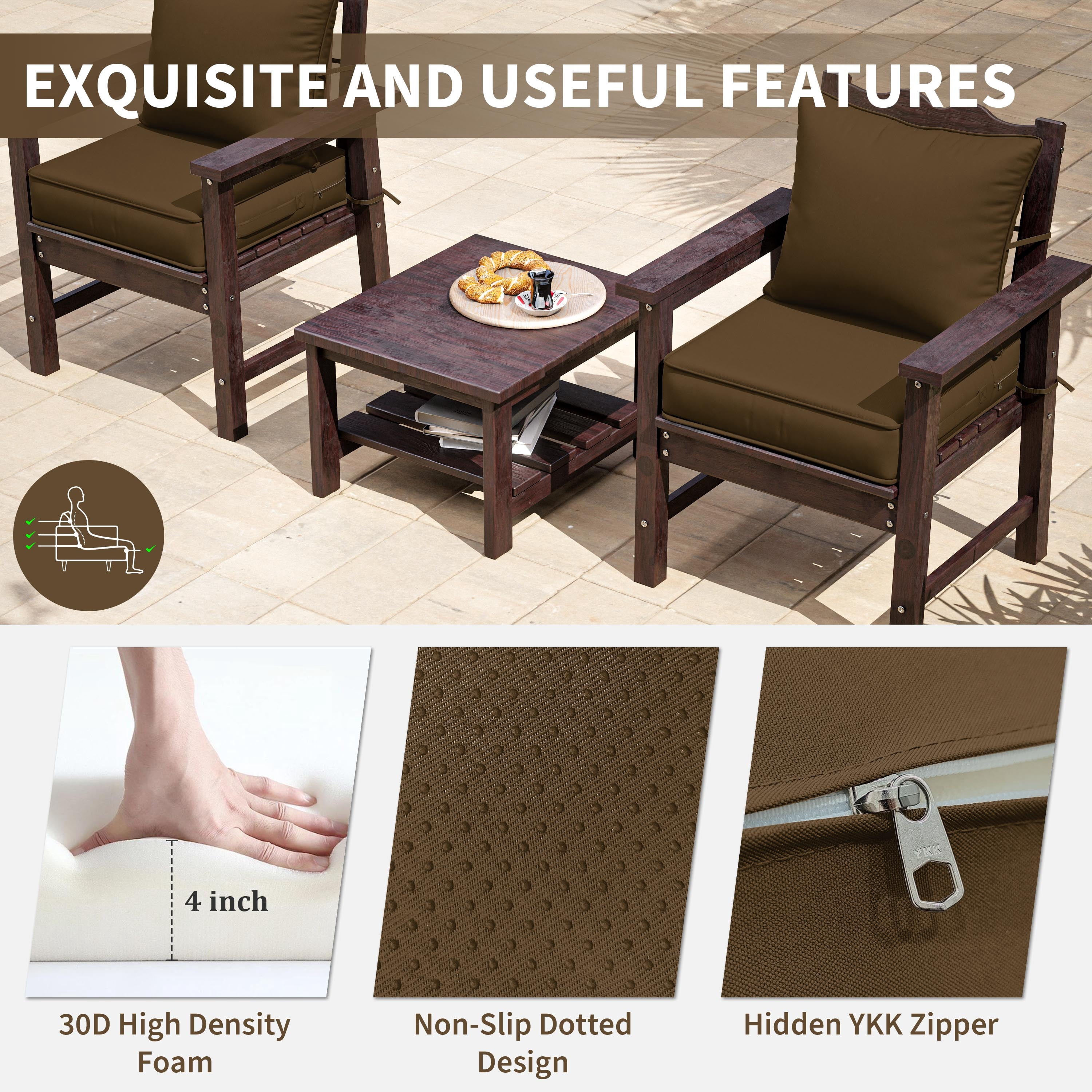 Kimunuk Outdoor Seat Cushion Set, 22" X 24" X 4" Water-Resistant & Fade-Resistant Patio Furniture Replacement Cushions with Handle and Straps for Sofa Chair, Chocolate