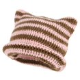 thumbnail image 1 of Gorro de invierno cálido y elástico con orejas de gato, tejido a rayas, color rosa y marrón, 1 of 3