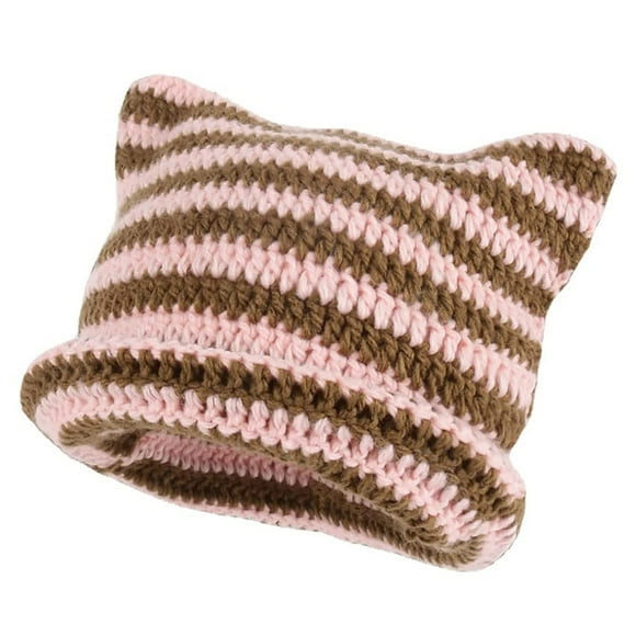 Cat Beanie Crochet Hats with Ears Knitted Striped Winter Warm Elastic Cap, Pink and Brown