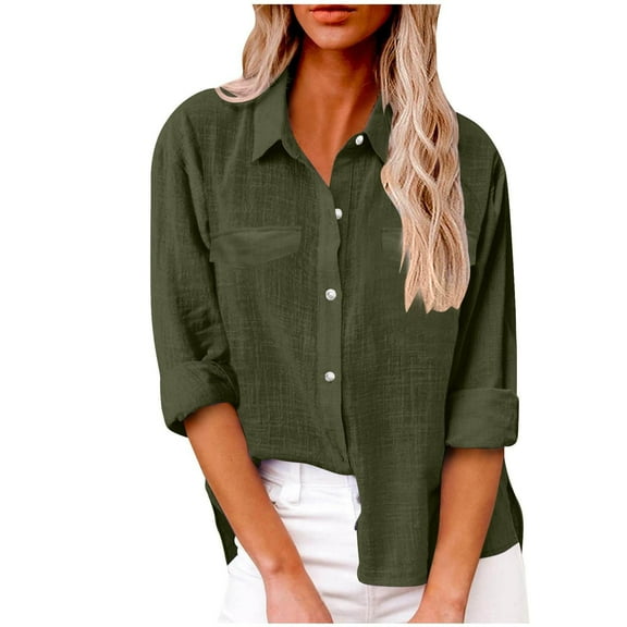UAMVSH Cotton Linen Shirts for Women Soft Lightweight Button down Lapel Dressy Tops Casual Long Sleeve Business Work Blouses(X-Large,Army Green)