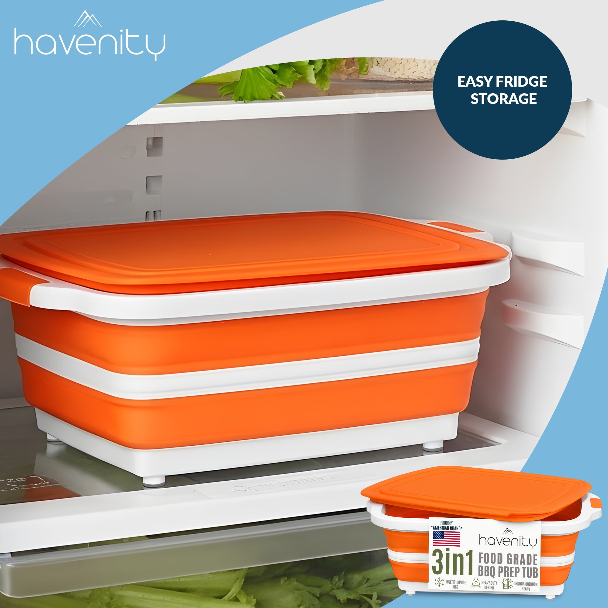 Havenity Bbq Prep Tub 2 Pack Orange (16l+16l) - Multifunctional Collapsible Camping Cutting Board with Lid