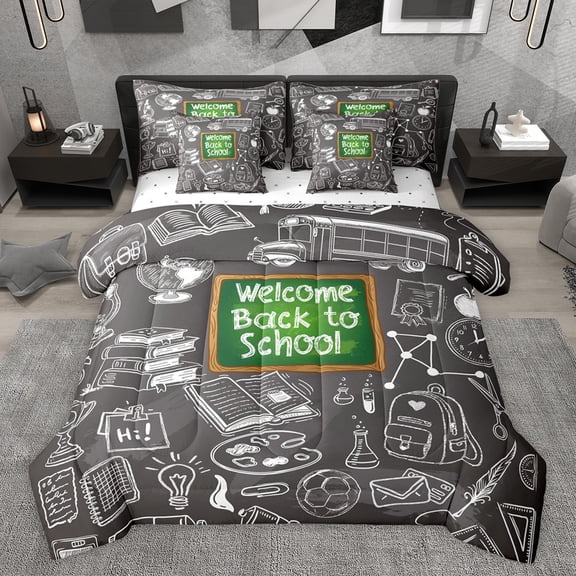 jejeloiu School Theme 7-Piece Bedding Comforter Set,Cartoon Hand-Painted King Bedding Sets,Green Gray White Bed Sheets For Kids,Ultra Soft Home Decor Reversible