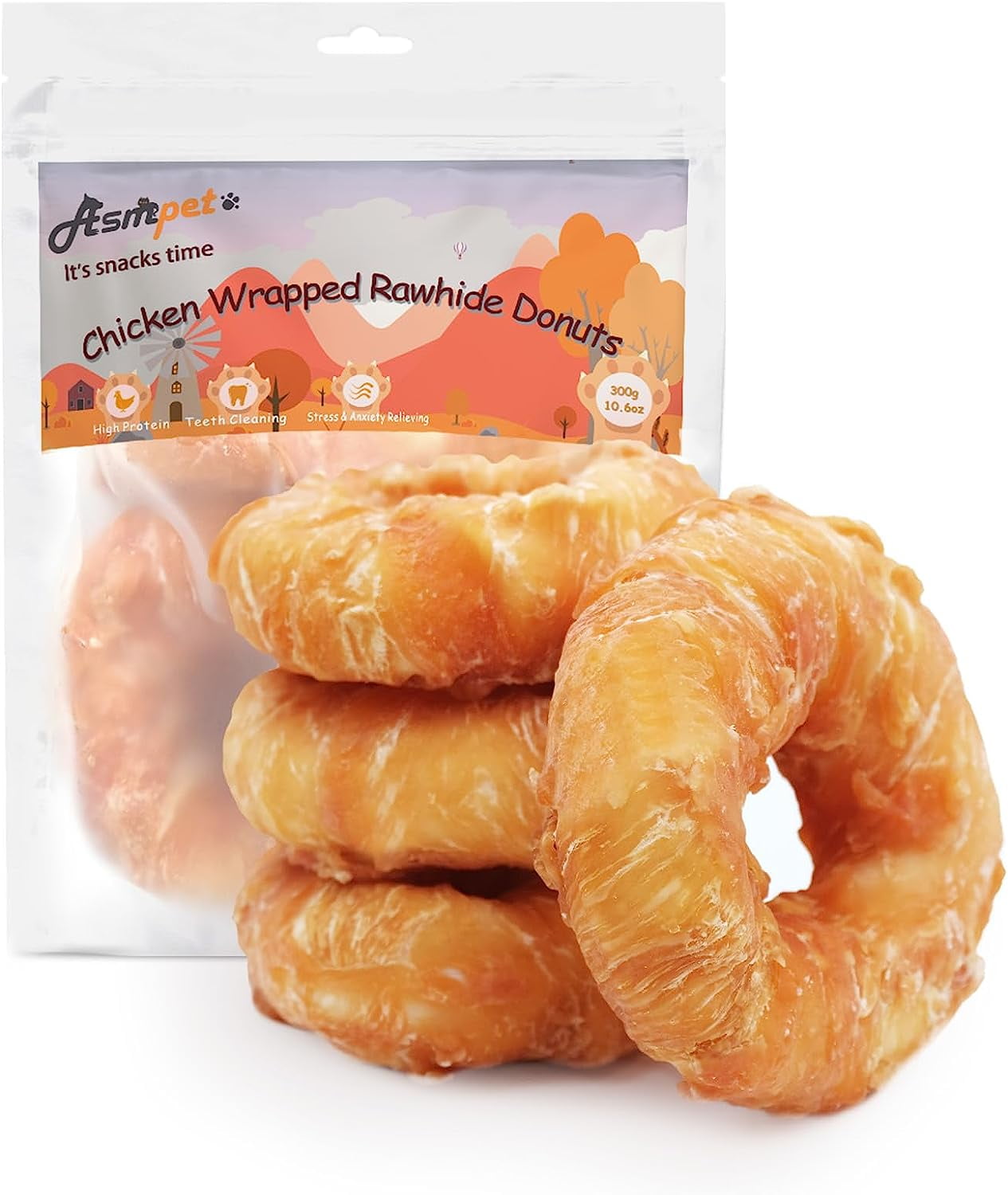 ASMPET Dog Treats Chicken Wrapped Rawhide Rings, 4ps Dog Chew Long