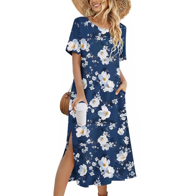 Ovzne Robes d'Été pour Femmes Robe d'Été Couleur Unie Ample Décontractée Mode Manches Longues Robe à Col Manches Longues Robe de Vacances Manches Longues Imprimée Liquidation