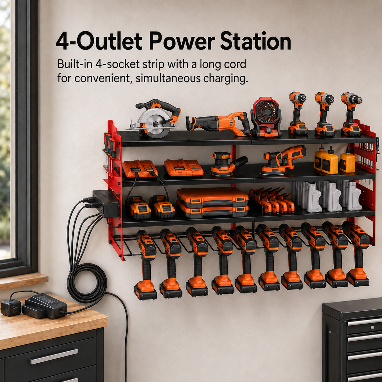 Alvantor 4-Tier Electric Tool Storage Rack with Charging Station, Power Tool Organizer with Screwdriver/Hammer/Air Tool Rack