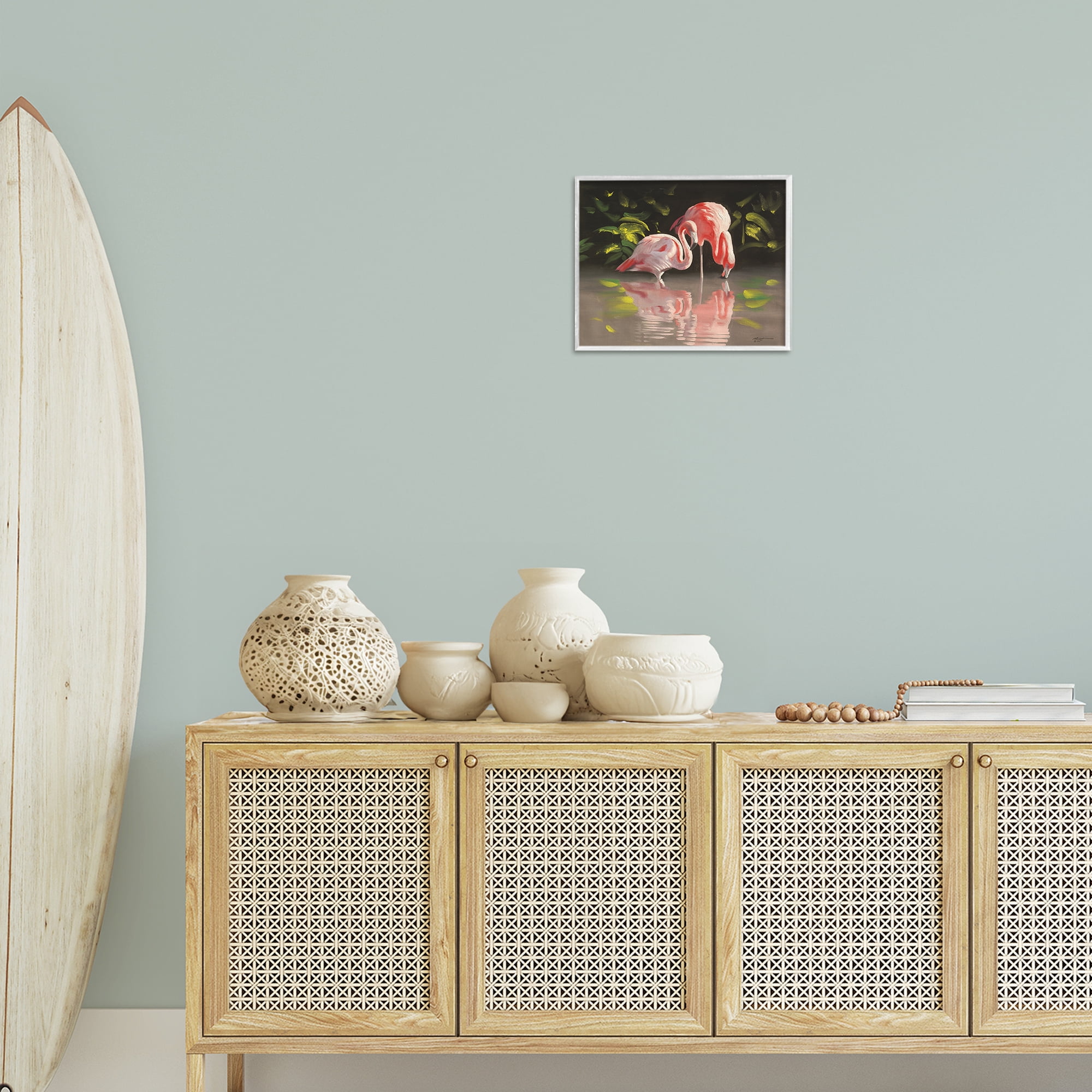 Stupell Industries Flamingos with Pond Reflection Animals & Insects Painting White Framed Art Print Wall Art, 14 x 11
