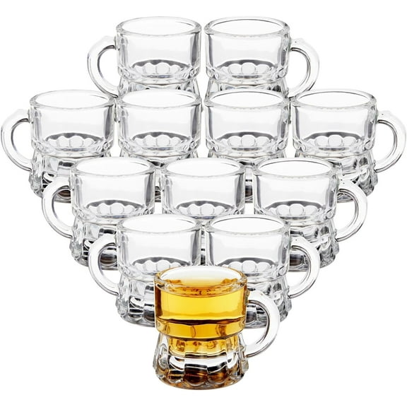 Mini Mug Shot Glasses with Handles - Clear Reusable Shot Glass Set - Serve Mini Shots with Secure Grip - Wedding & Adult Party Favors - Pack of 12, 1 Oz, Clear