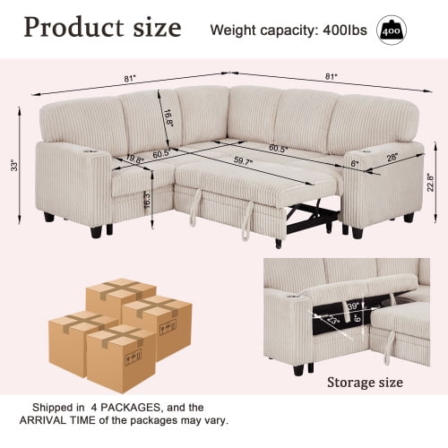 Howcool Modular Sectional Sleeper Sofa, 81" L-Shaped Oversized Cloud Couch with Pull-Out Bed, 5-Seat Corduroy Sofa with Storage Chaise, USB Charging and Cup Holders for Living Room Apartment,Beige