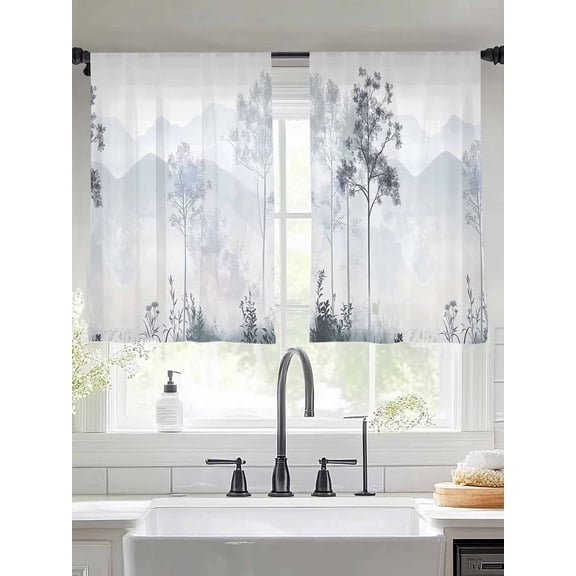 Foggy Forest Gray Sheer Curtains for Living Room Bedroom Vintage Mountain Grey Tree Sheer Curtains 45 Inch Long 2 Panels Set Light Filtering Curtain Window Treatments Drapes for Dining Room