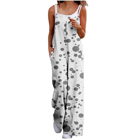 XPMWRP Women's Polka Dot Sleeveless Jumpsuit Casual Loose Wide Leg Overalls with Pockets for Summer Vacation Gray XXL