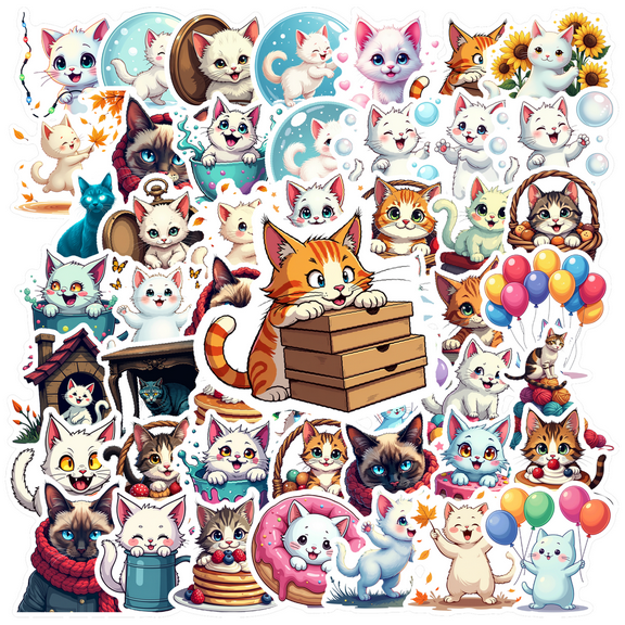 Cartoon Cat Stickers, Waterproof Animal Sticker for Water Bottle Laptop Phone Cases Planner Skateboard Luggage Helmet Party Favor Decor, Ideal for Adults Teens Teacher Rewards