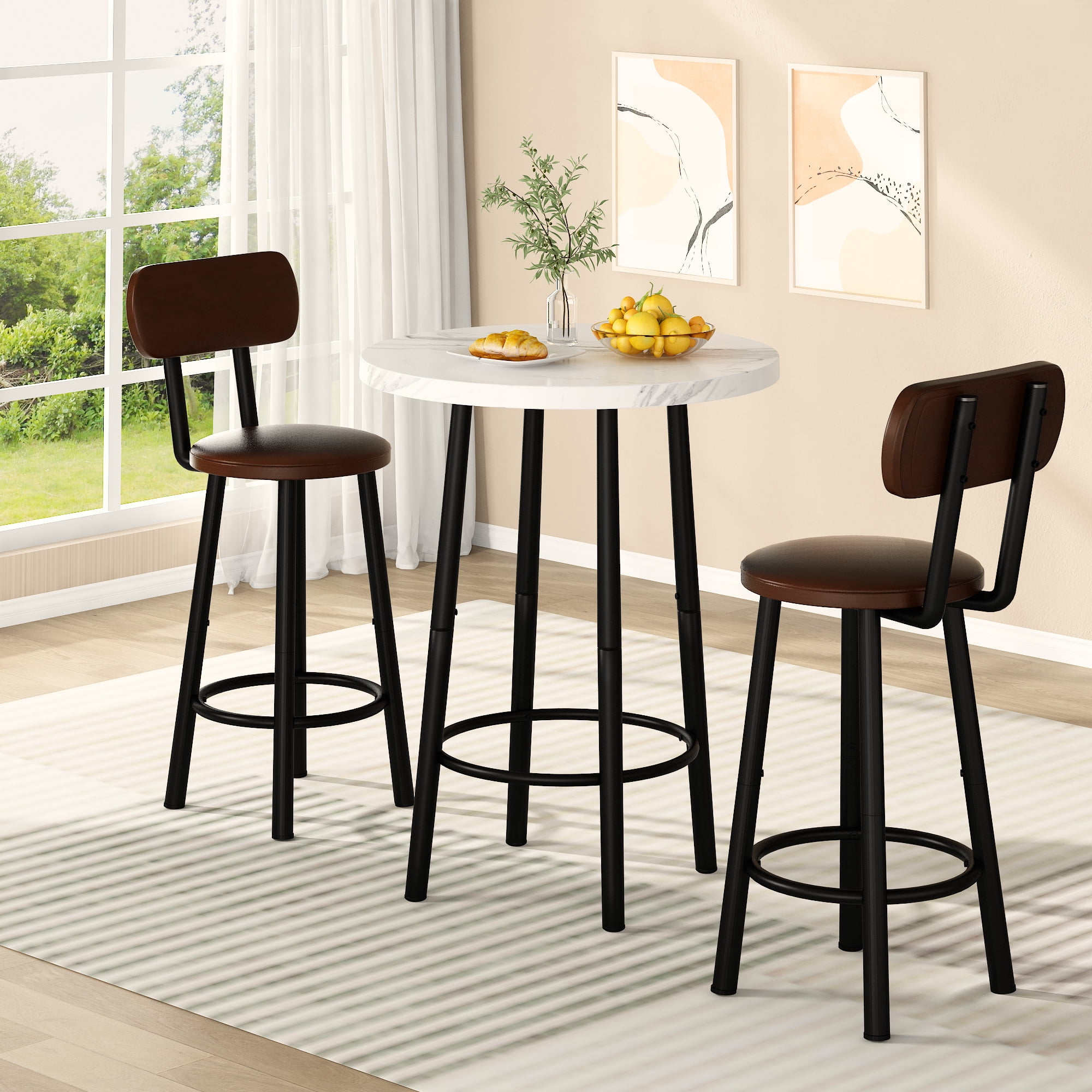MIERES Round Marble Dining Table Set, 2-Seater Kitchen Dining Set with Two Bar Stools, Compact Dining Table, White