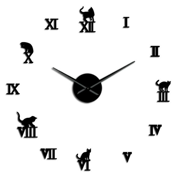 3D Large Wall Clock DIY Large Modern Frameless Home Decor Cat Big Clock Mirror For Bedroom Living Room Kittens Kitty Wall Decor(Black,27inch)