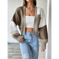 thumbnail image 2 of Women'S Color Block Open Front Long Sleeve Ribbed Knit Cropped Cardigan Sweaters Brown XXXL, 2 of 8