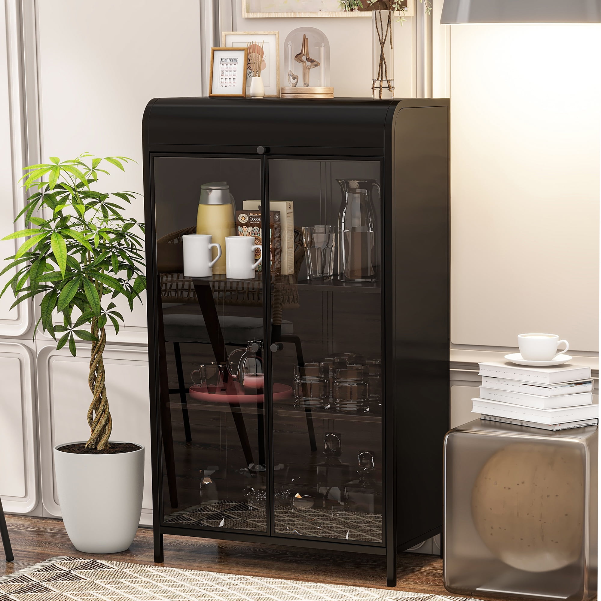 Metal Storage Cabinet, Tempered Glass Doors, Fixed Shelves, Flip-Top Lid, Industrial Design