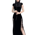 thumbnail image 3 of Lucakuins Vestido Cheongsam Chino para Mujer, Vintage Tie-up Color S贸lido Manga Corta Stand Collar Slit, 3 of 9
