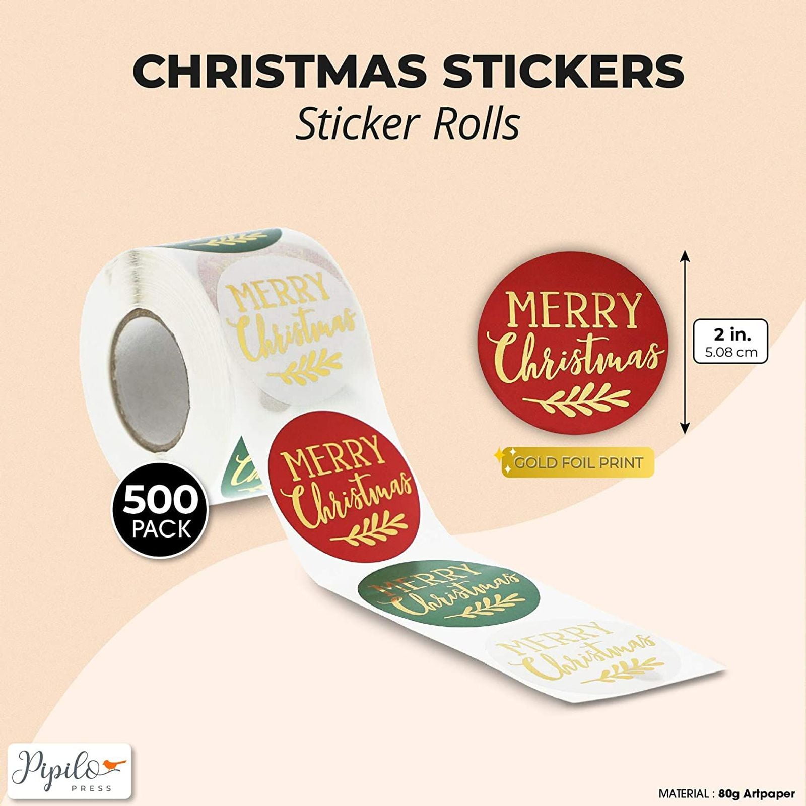Merry Christmas Gold Foil Envelope Stickers 2 Inches, 500 Pieces 
