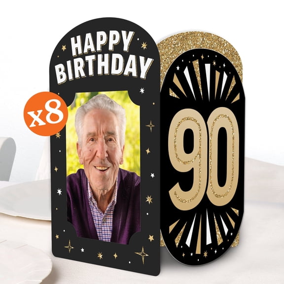 Big Dot of Happiness 90th Birthday Photo Holder Centerpieces, 4x6 Picture Display Box, Black & Gold Table Decoration Centerpiece for Adult Birthday Party Decor, 8 Count