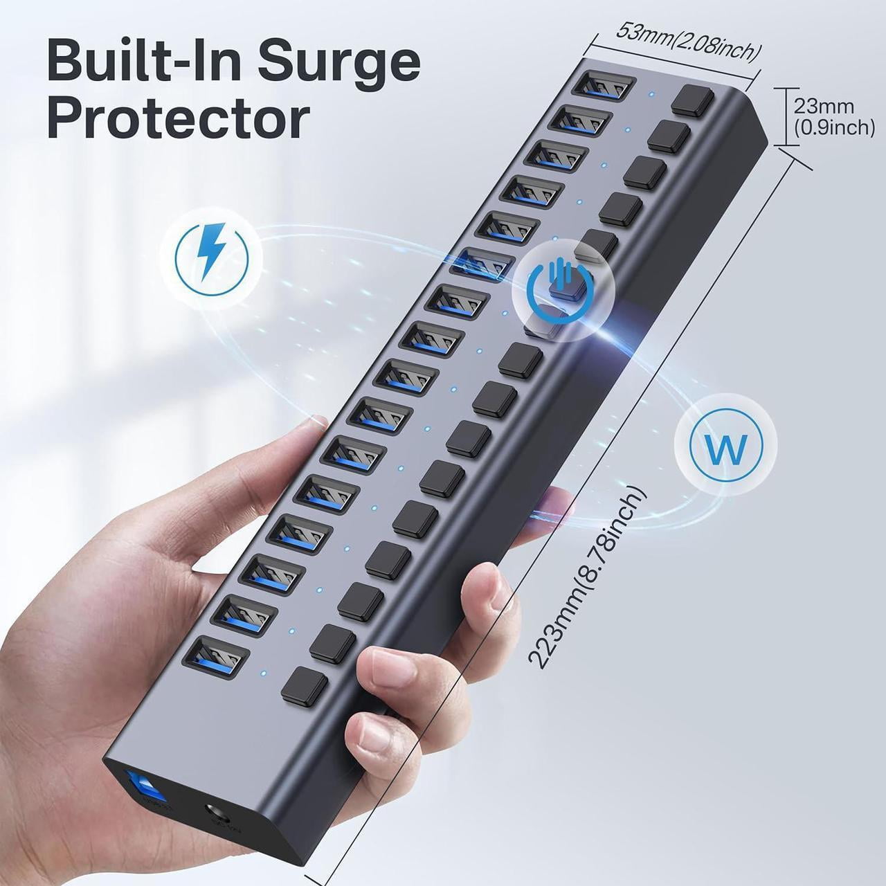 Powered USB 3.1 Hub, 16 Ports USB 3.1 Hub with 10Gbps Data Speed,Aluminum Housing, USB Hub Powered with 90W Power Adapter, USB Hub for PC/Laptop, Computer, Flash Drive, Printer, Camera