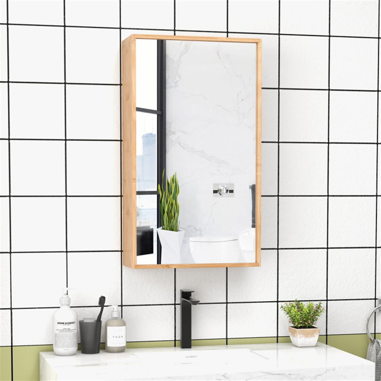 Demi Bonn Bamboo Bathroom Medicine Cabinet with Mirror, Wall Mounted Single Mirror Door Storage Cabinet with 2 Adjustable Shelf for Bathroom Living Room Hallway, Beige