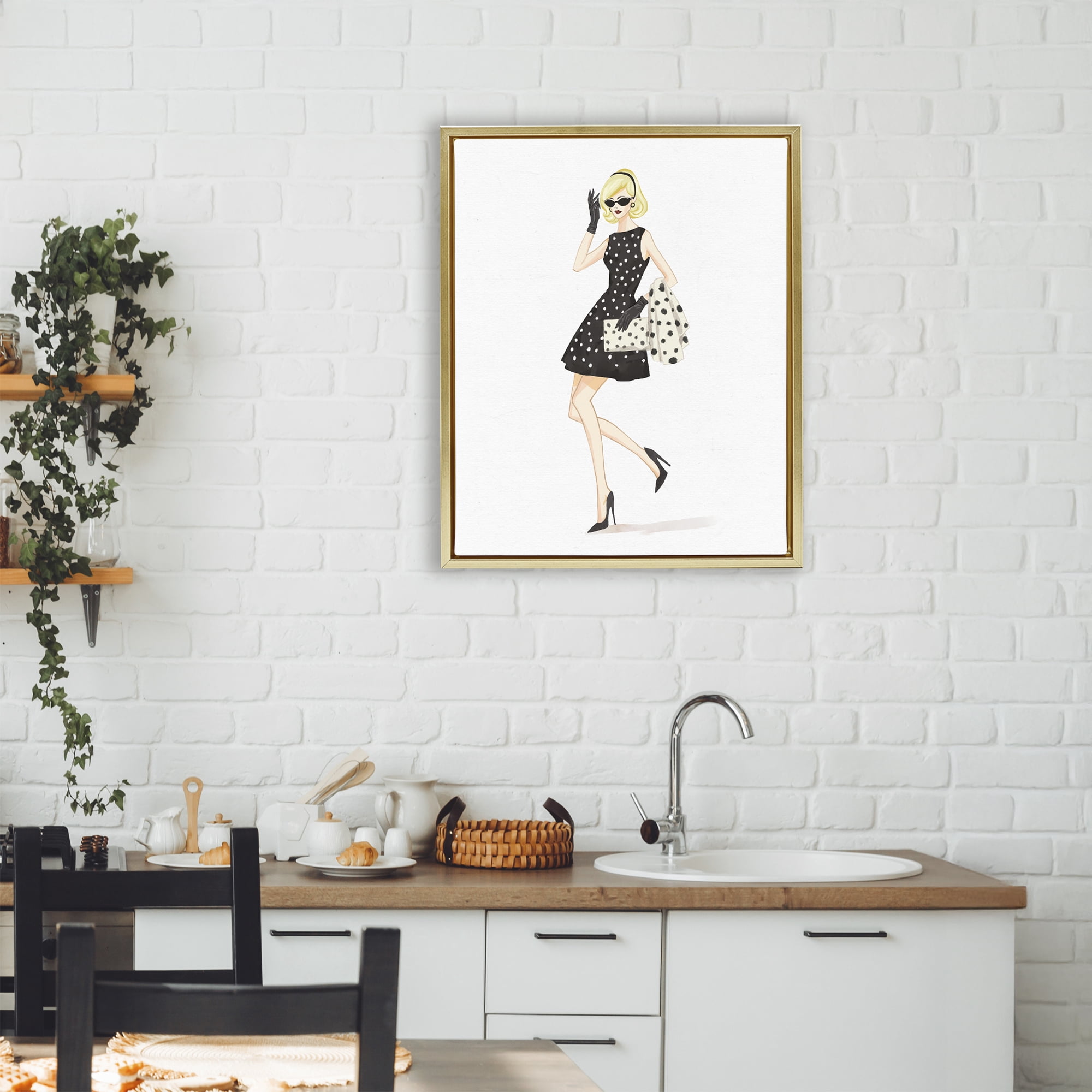 Stupell Industries Retro Trend Polka Dots Gold Framed Floater Canvas Wall Art, design by Ziwei Li