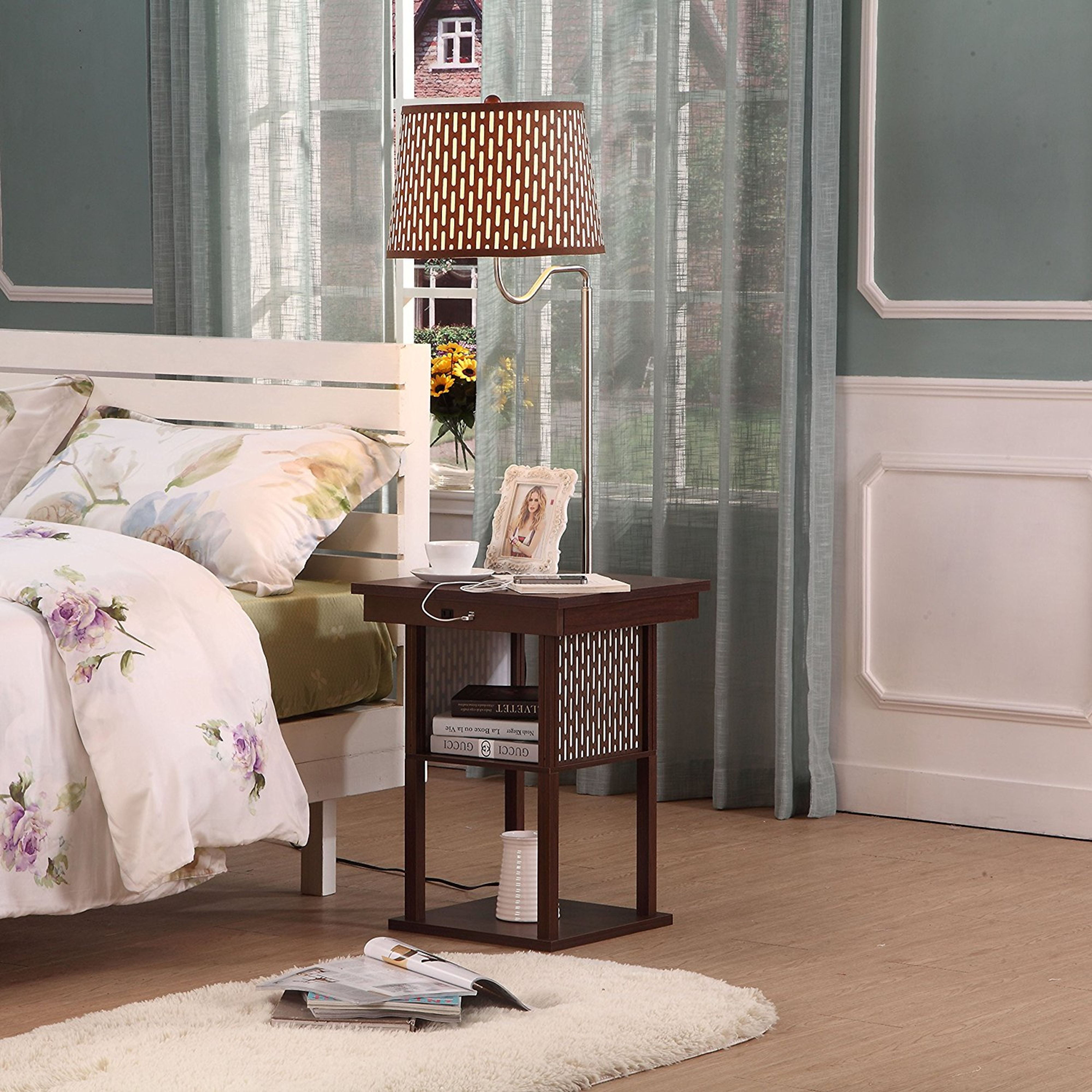 Brightech Madison Side Table with Lamp Set of 2 - LED Desk Lamp with USB Port, Bedside Reading Lamp, Modern End Table with Floor Lamp for Bedroom, Living Room, Office - Havana Brown