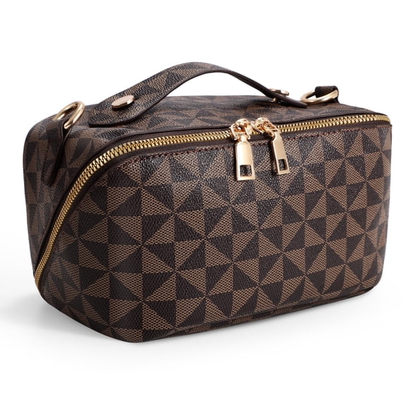 Travel Makeup Bag,2 in 1 Crossbody Cosmetic Zipper Pouch for Makeup Kit Organizer Bag with Handle&Strap,Brown