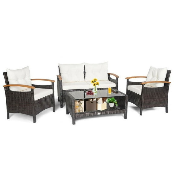 Spaco Patio Furniture 3 Pieces Patio Wicker Furniture Set, Outdoor Wicker Rattan Chairs Garden Backyard Balcony Porch Poolside loveseat with Storage Table and Protective Cover-Off Red