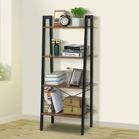 Wood Metal Bookshelf Industrial Shelf Ladder Bookshelf Organizer 4-Tier Bookshelf Vintage Rustic Storage Rack Shelves with Wood Look and Metal Frame for Living Room Study Lounge Bedroom Office ()